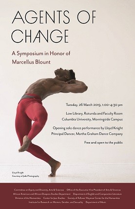 Poster from Agents of Change event, with dancer Lloyd Knight wearing red tights.
