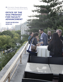 Cover image of Office of the Vice Provost for Faculty Advancement Year in Review 2022-2023 with image of rooftop reception with individuals takling