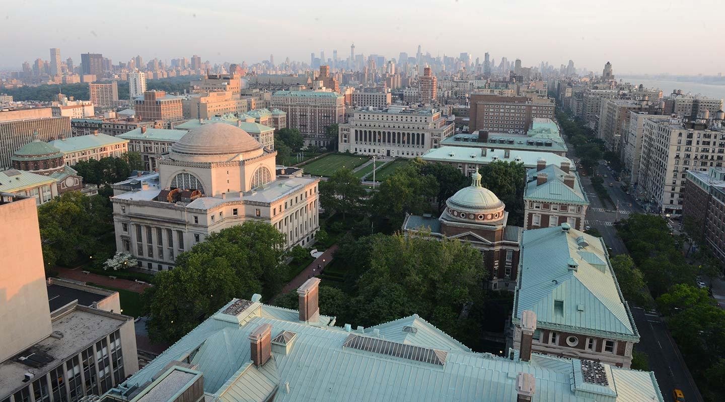 An aerial view of Morningside campus looking southward toward Midtown Manhattan
