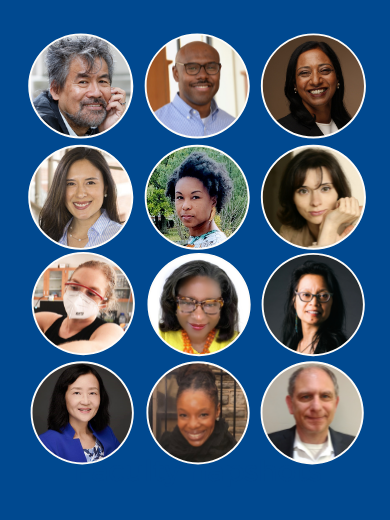 Faculty head shots in four rows of three, with photos inside circular frames