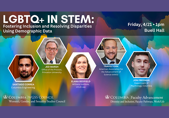Graphic for LGBTQ+ in STEM Event with headshots of the panelists