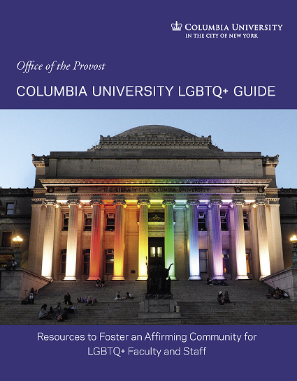 Cover of LGBTQ+ Guide with Low Library lit in rainbow colors