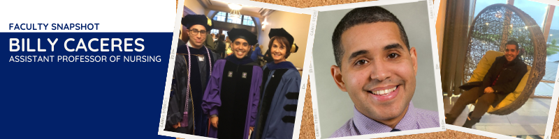 Three photos of Billy Cacares - one with two others in graduation robes, one head shot, and one seated in a round chair