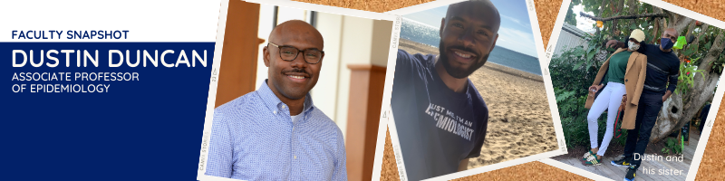 Photos of Dustin Duncan, one professional head shot, one selfie at the beach, and a photo of Dustin and his sister standing in front of a tree.