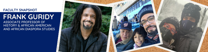 Three images of Frank Guridy, Associate Professor of History & African American and African Diaspora Studies, one is a professional headshot, one of him and a young girl and an older man, and one in the snow wearing masks with a woman wearing red glasses.