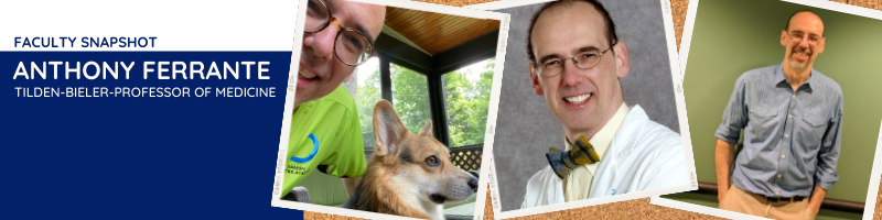 Three photos of Anthony Ferrante, one with a dog, one head shot, and one photo of him standing in front of a green background
