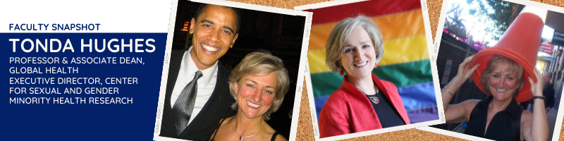 Three photos, one with Barack Obama, one in front of a Pride flag, and one holding a construction cone above her head