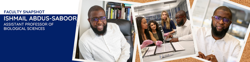 Three photos of Ishmail Abdus-Saboor, two are of him alone, and one has him with three students in the lab.