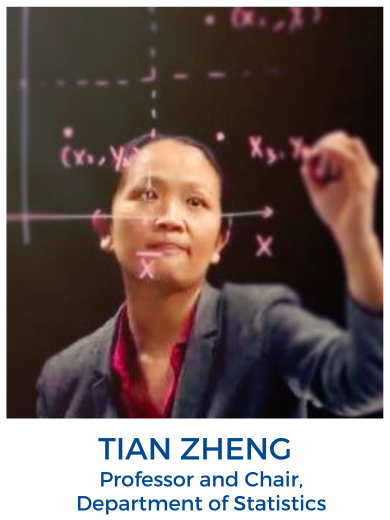 Photo of Tian Zheng, as seen reflected on a glass wall where she is writing equations with a marker