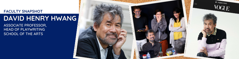 Three photos of David Henry Hwang, one headshot, one with three other people, one in Vogue Magazine