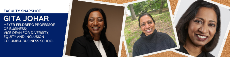 Three photos of Gita Johar, two headshots, and one outside wearing a black turtleneck