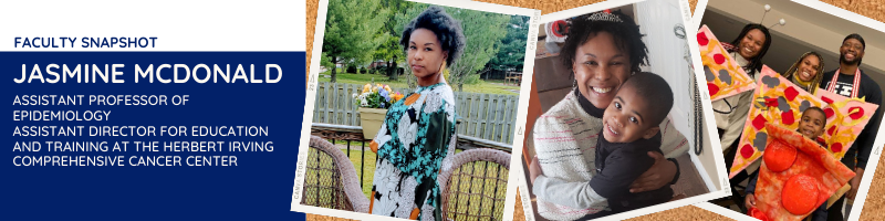 Photos of Jasmine wearing a green floral dress, with a child, and with two other people wearing pizza costumes