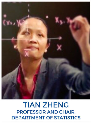 Photo of Tian Zheng, as seen reflected on a glass wall where she is writing equations with a marker