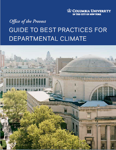Cover of Guide to Best Practices in Department Climate, with blue banner and arial shot of Low Library