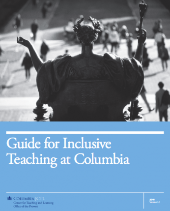 Black and white photo of Alma Mater with blue banner and white text: Guide to Inclusive Teaching at Columbia