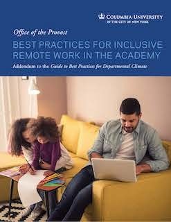 Cover of Guide to Best Practices in Inclusive Remote Work in the Academy with blue banner and photo of man and girl working at computers on a yellow couch