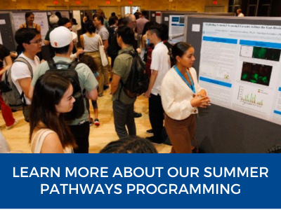 a picture of students presenting posters in a room with the writing LEARN MORE ABOUT OUR SUMMER PATHWAYS PROGRAMMING