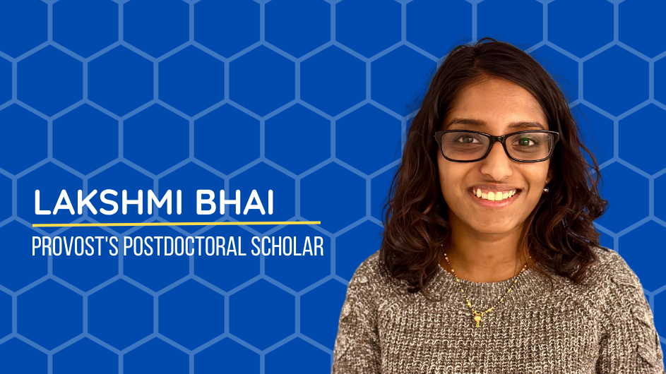 Picture of Lakshmi Bhai  Provost's Postdoctoral Scholar on a blue beehive background