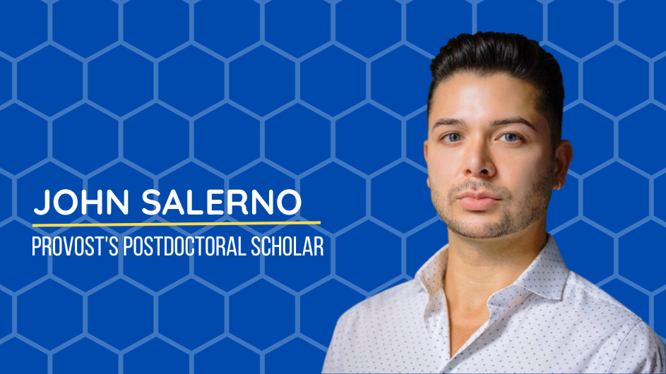 Picture of John Salerno Provost's Postdoctoral Scholar on a blue beehive background