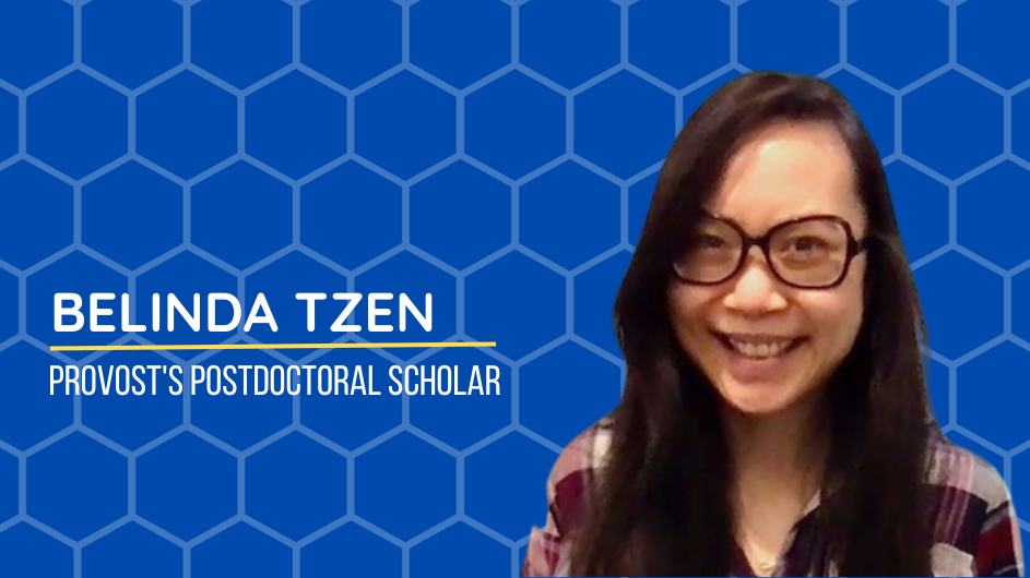 Picture of Belinda Tzen Provost's Postdoctoral Scholar on a blue beehive background
