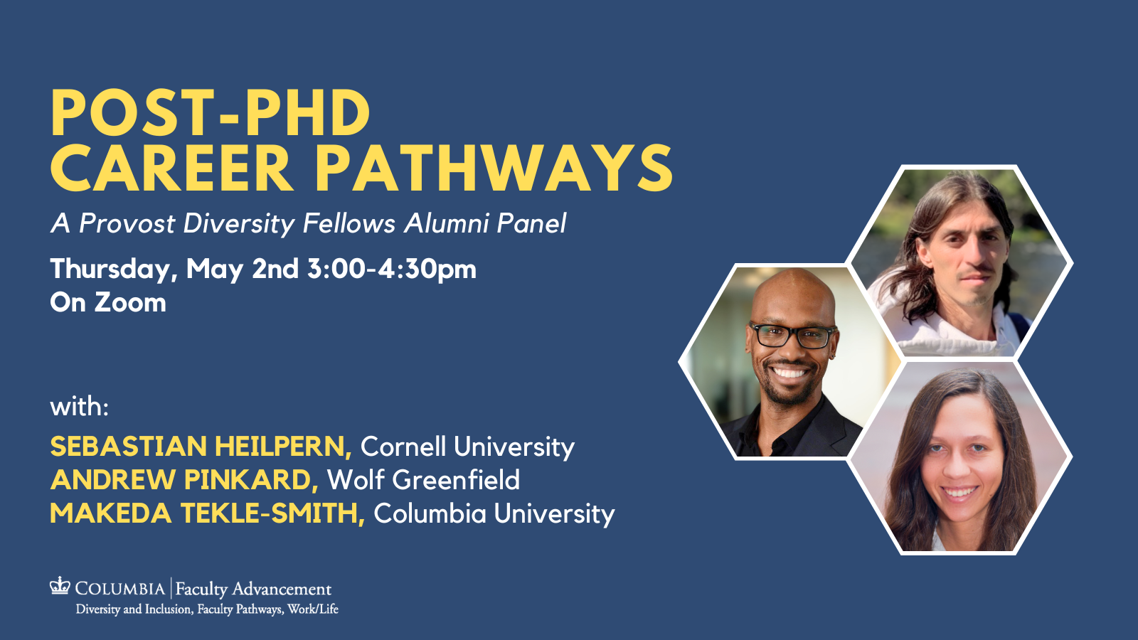 Provost Diversity Fellow Panel and Reception Flyer with blue background and panelists' headshots