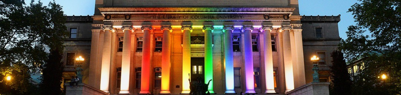Photo of Low Library illuminated in rainbow lights