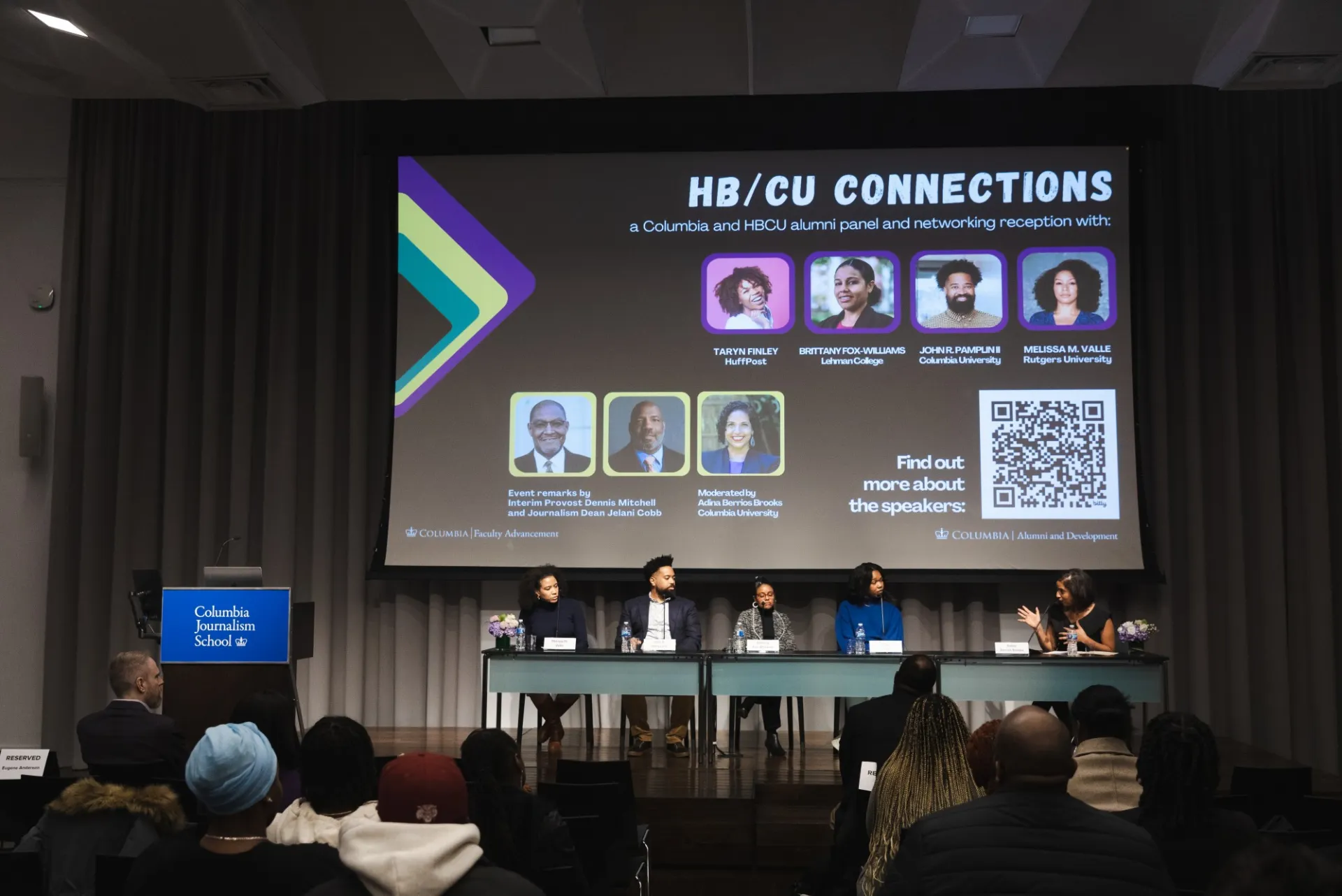 Speakers and moderator Adina Berrios Brooks talking at HB/CU Connections Panel