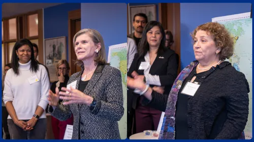Angela Olinto and Amy Rabinowitz speaking at an Office Work Life engagement 