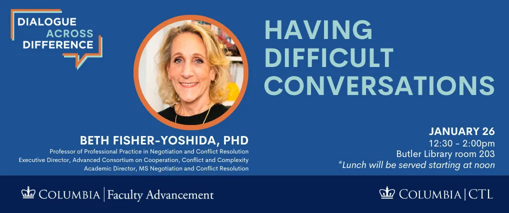 Graphic advertising Having Difficult Conversations session with head shot of Beth Fisher-Yoshida