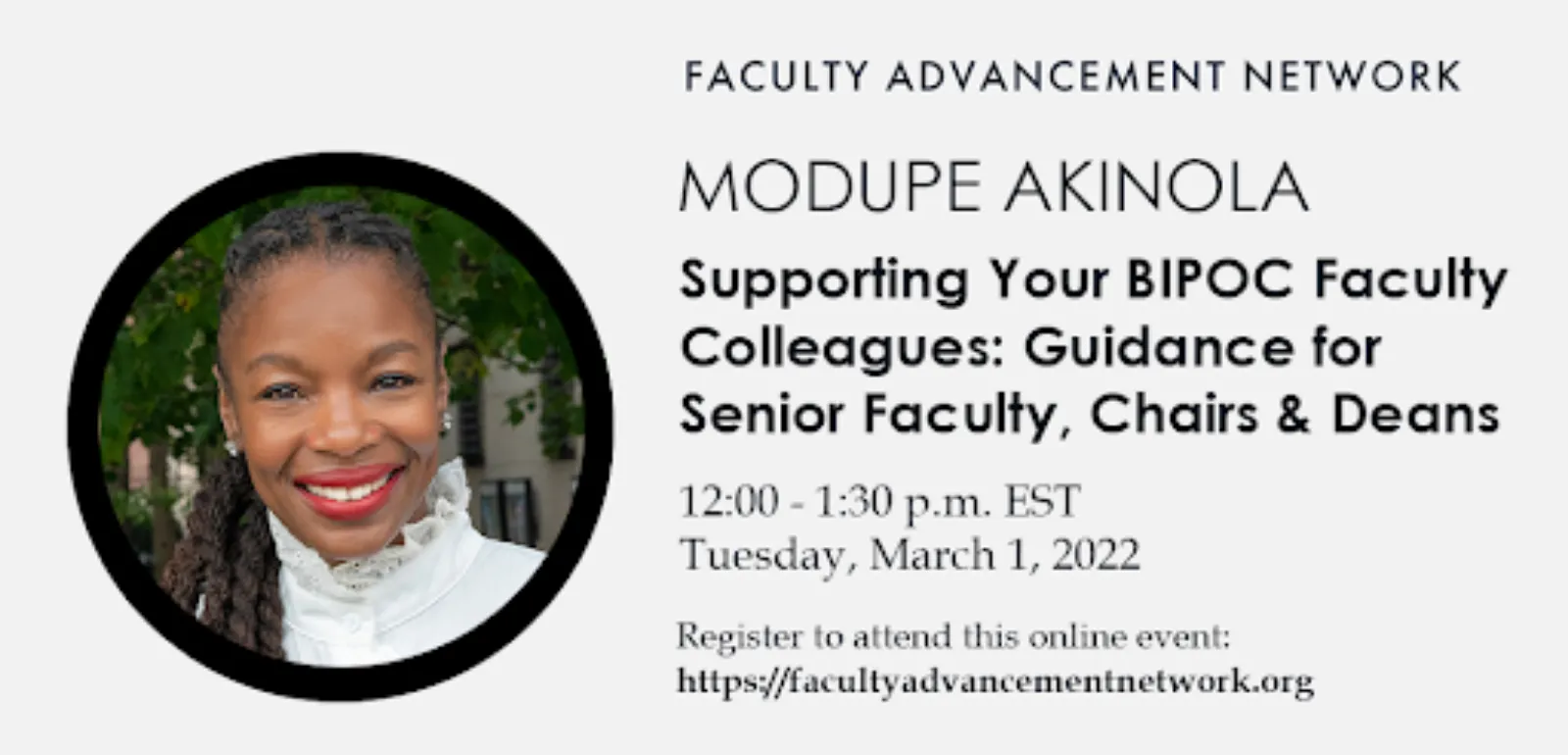 Photo of Modupe Akinola in a circle frame with text Supporting Your BIPOC Faculty Colleagues