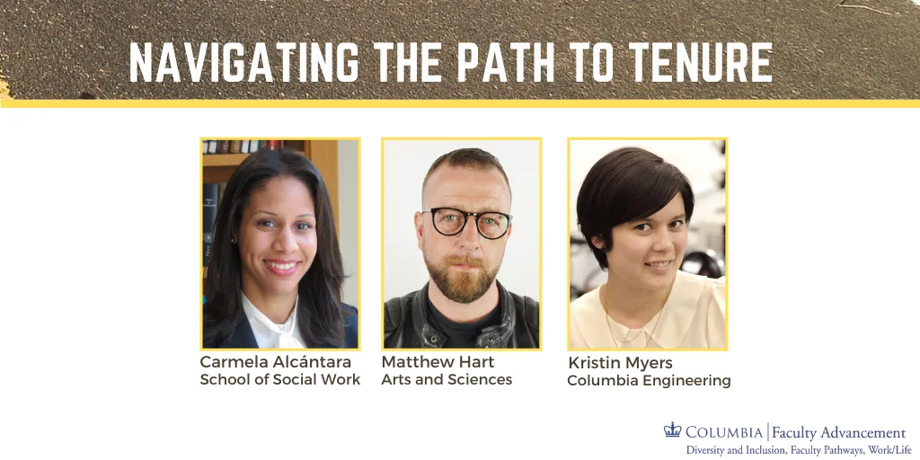 Navigating the Path to Tenure text with headshots of the three speakers