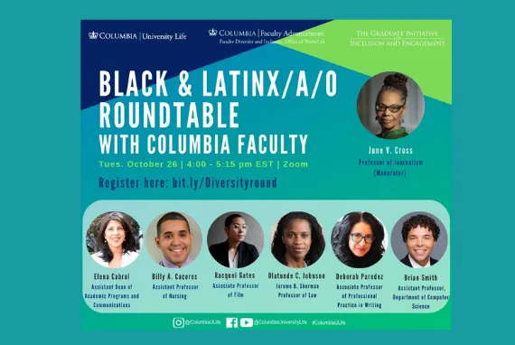 Black and Latinx Roundtable with Columbia Faculty flyer, green and blue with circular head shots of the panelists