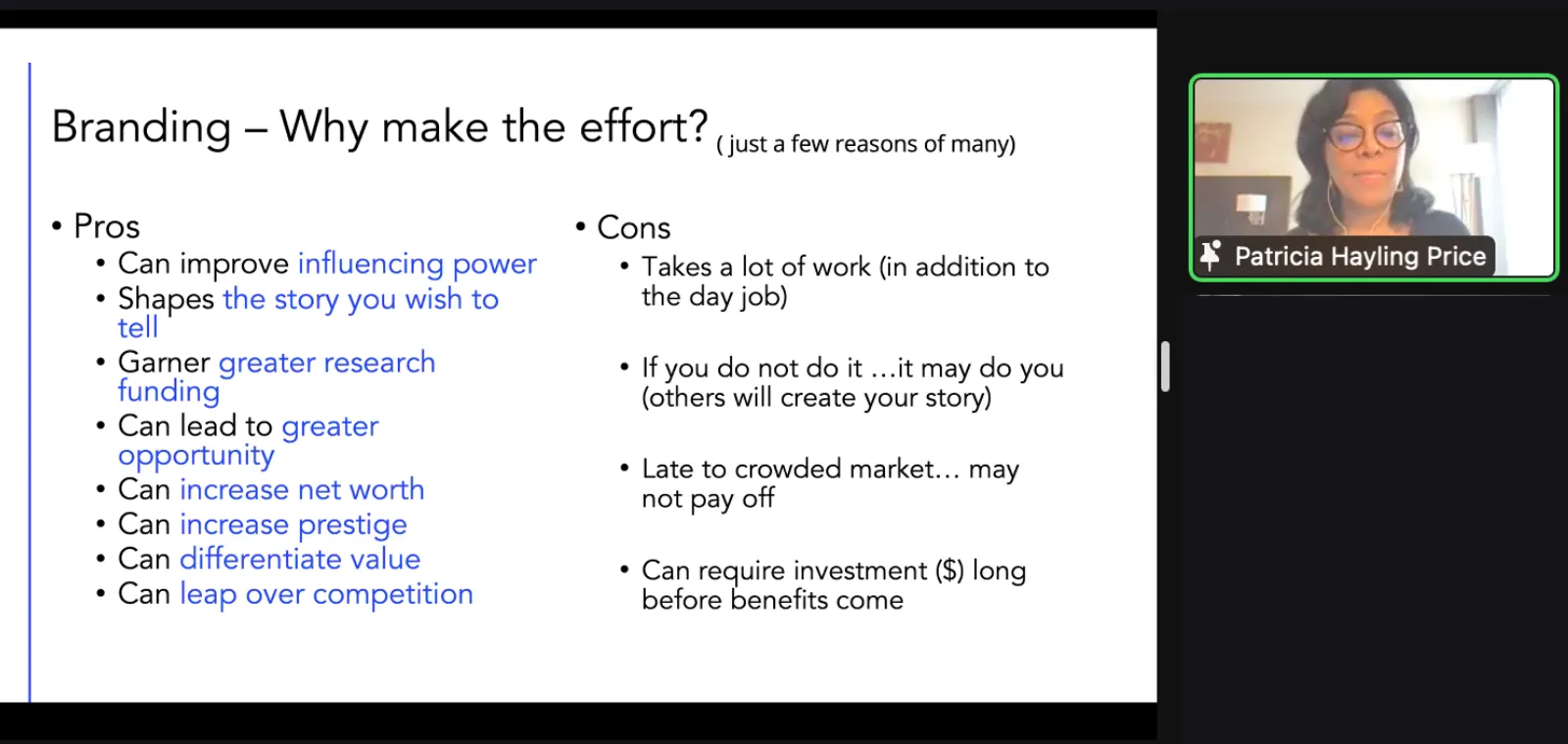 Branding - Why make the effort? Zoom screen with photo of Patricia Hayling Price screen shot