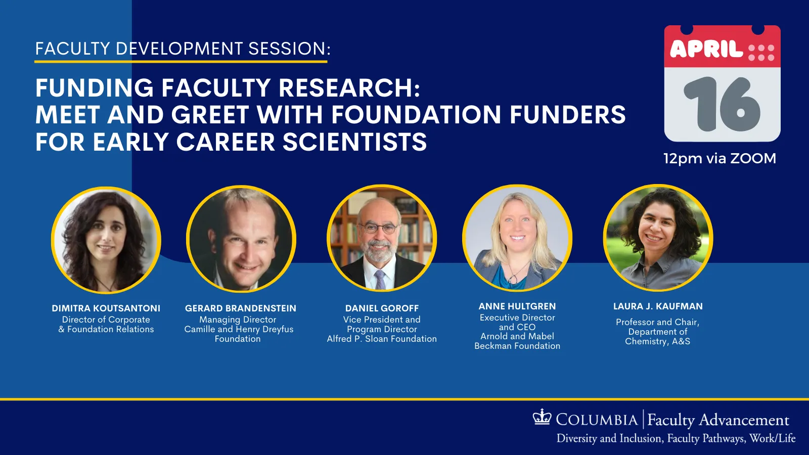 Funding Faculty Research flyer with speakers headshots on blue background