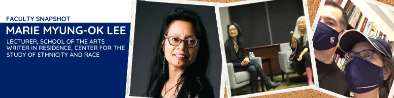Three photos of Marie Myung-OK Lee, one headshot, one with another woman, and one with a man wearing masks