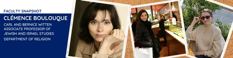 Three photos of Clemence Boulouque - one closeup, one at a cafe, one outside wearing sunglasses