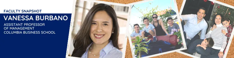 Three photos of Vanessa Burbano one headshot, two family photos with husband and two sons