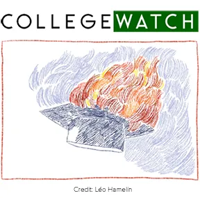 Image of CollegeWatch logo on top of illustration of academic cap