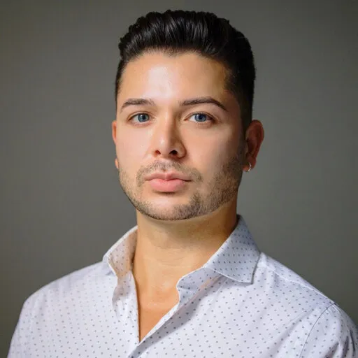 Head shot of John Salerno wearing a white shirt with black polka dots