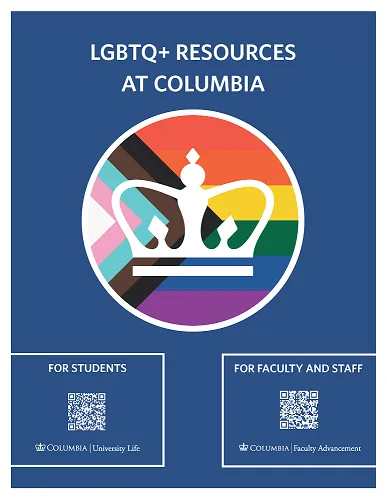 Blue background with rainbow flag and text that says LGBTQ+ Resources for Students and Faculty and Staff. Two white QR codes link to the resources websites.