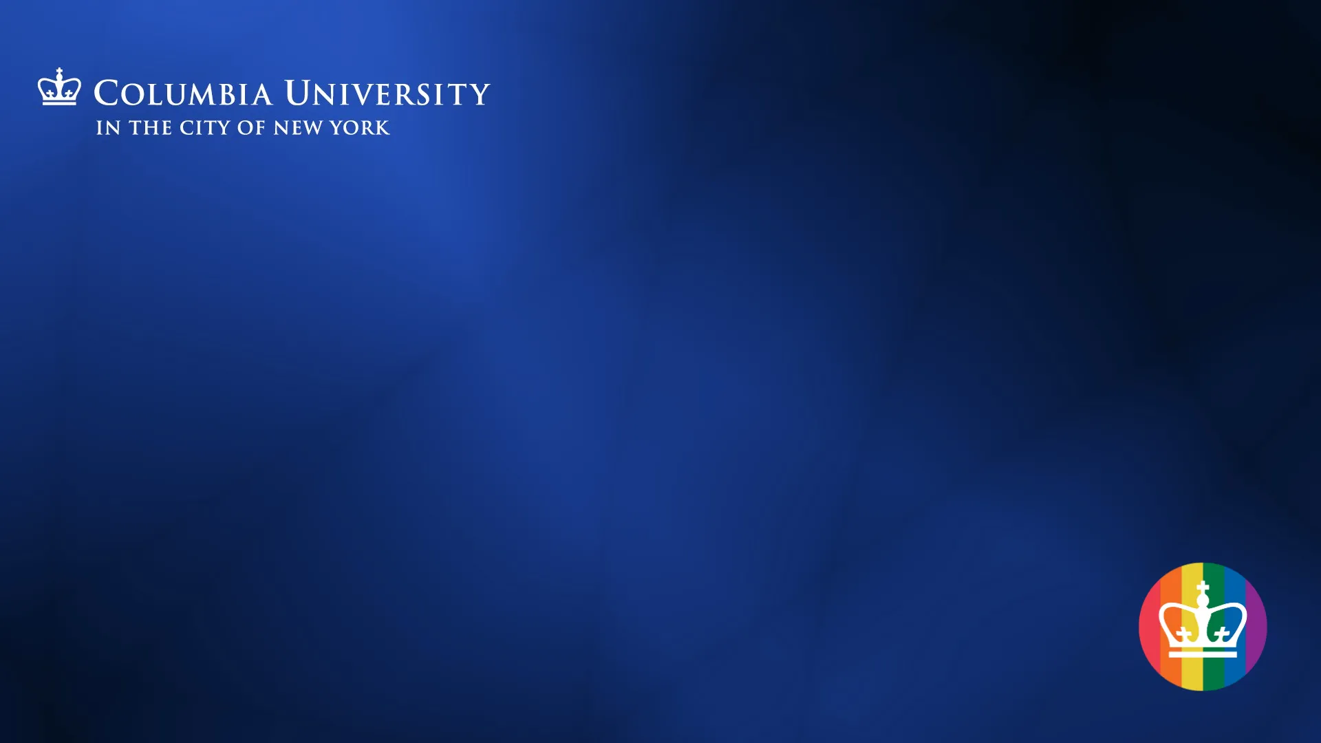 Blue Columbia branded Zoom background with rainbow crown logo.