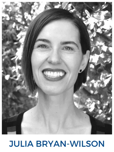 black and white head shot of Julia Bryan-Wilson standing in front of a tree