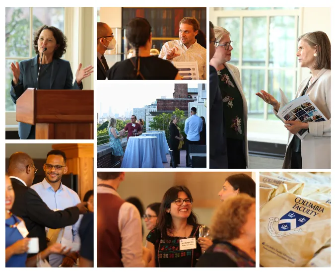 Composite photo of Interim President Katrina Armstrong, Provost Angela Olinto, Dennis Mitchell, New Faculty, and Staff at New Faculty Meet and Greet Reception