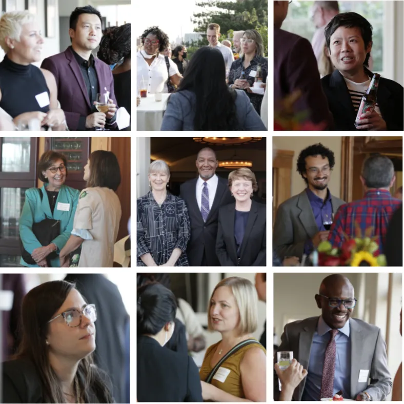 Tiled composite image featuring faculty and staff at cocktail reception.