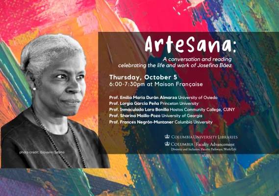 ArteSana poster with photo of Josefina Baez on a painted background