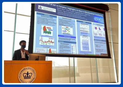 photo of student giving presentation in front of large screen