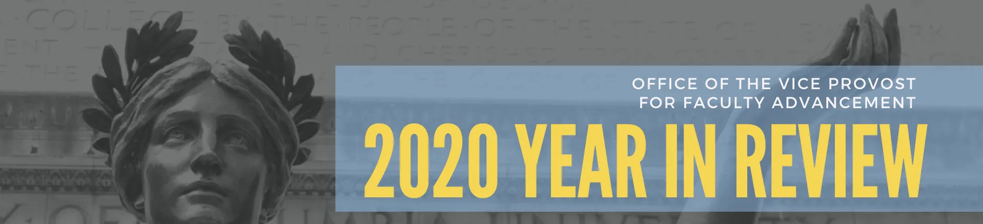 Alma photo with text office of the vice provost for faculty advancement 2020 year in review