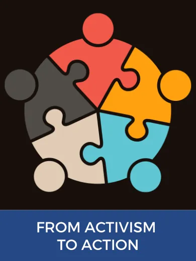 Interlocking puzzle pieces with text from activism to action