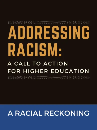 black box with orange text reading addressing racism a racial reckoning